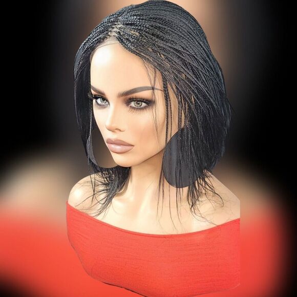 Handmade Braided Lace Wigs Bob cut short Micro millions braids. NWT Jet Black